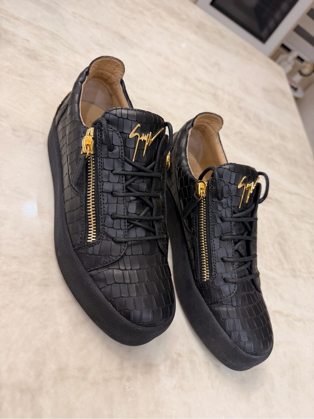 Giuseppe Zanotti Black Croc-Embossed Leather Sneakers with Gold Zippers